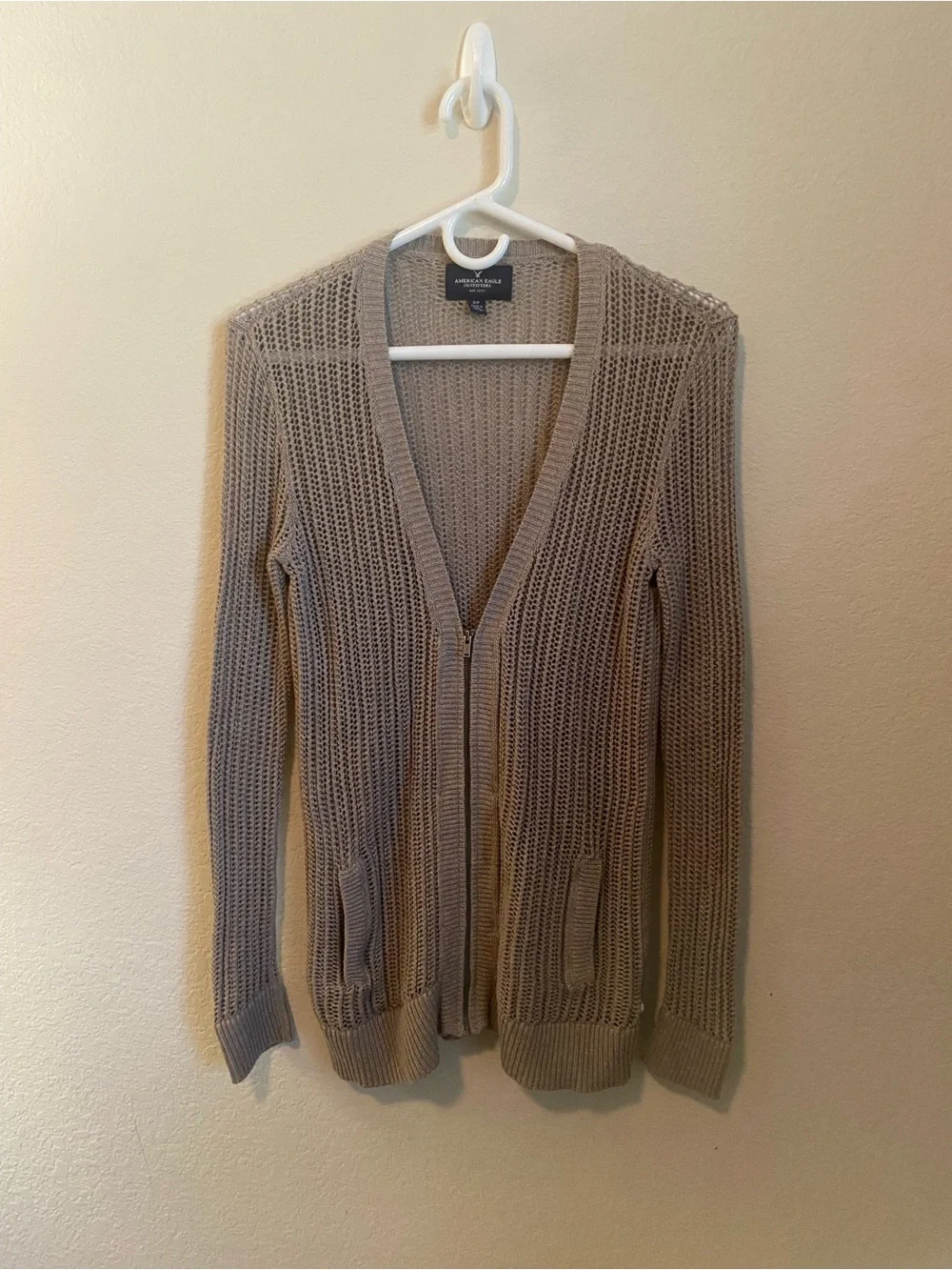 American Eagle Outfitters Taupe Open-Weave Cardigan